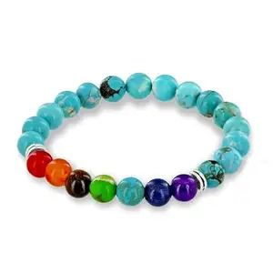 LKBEADS Natural 7 Chakra Stone & Turquoise 8mm Round Shape Smooth Cut Beads 75 inch Stretchable Bracelet for Men & Women|STBR_RR_00107_75