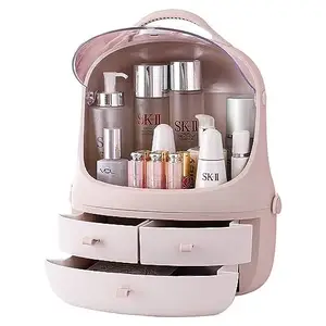MIXEN Plastic 2-In-1 Cosmetic Storage Box, Make Up Organiser, Dustproof Skin Care Shelf, Desktop Organiser With Drawer, Detachable Design, Portable With Hande, 32X22X26Cm, Pink