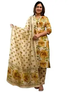feranoid Pure Cotton Split V-Neck with Gathered Panel 3-Piece Kurta Set with Printed Dupatta (M–3XL)