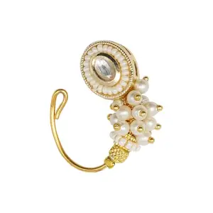 Bridal Maharashtrian Nath Pearl with Green Stone? (White) Shree Art Traditional Maharashtrian Pearl Nath | Bridal Non-Piercing Nose Ring for Women & Girls