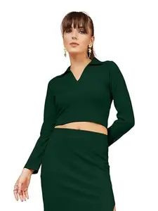 OOMPH! Stretchable Full Sleeved Ribbed Top, Dark Green, mt855