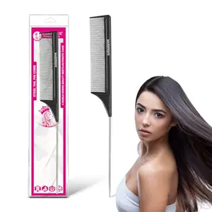 Majestique Steel Tail Comb Steel Pin Rat Tail Carbon Fiber Heat Resistant Teasing Comb with Stainless Steel Pintail Women and Girls (Black)