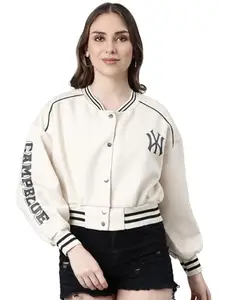 SHOWOFF Women's Mandarin Collar Typography Cream Crop Oversized Drop Shoulder Varsity Jacket-6016_Cream_S