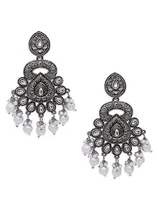 OOMPH Jewellery Oxidised Silver Ethnic Drop Earrings - Silver Look Alike - Large Design with Kundan & Pearls - For Women & Girls Stylish Latest (ECK213_Z)- For Women & Girls Stylish Latest