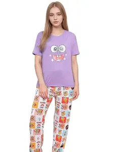 Women Cartoon Print Pajama Set Soft Short Sleeve Top with Long Pants Loungewear Sleepwear Pajamas (Purple (Spongebob), S)