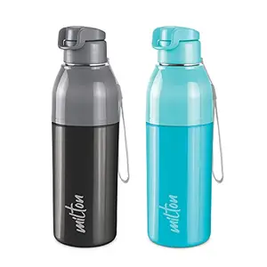 Milton Steel Convey 600 Insulated Inner Stainless Steel Water Bottle,Set of 2, 520 ml Each, Black, Cyan | Leak Proof | BPA Free | Hot or Cold for Hours | Office | Gym | Hiking |Treking | Travel Bottle