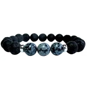 RRJEWELZ Natural Snowflake Obsidian & Volcanic Lava 10mm Round Shape Smooth Cut Beads 6.5 Inch Stretchable Bracelet for Men & Women.|STBR_RR_08316_6.5
