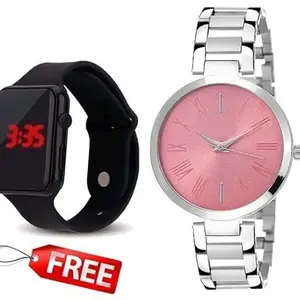 STARWATCH New Design Stainless Steel Strap Analog Watch and Rubber Strap Digital Watch Free for Girls(SR-645) AT-645