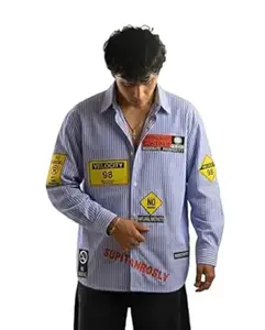 Velocity 98 Shirt, Blue Striped Long Sleeve Shirt with Graphic Patches and Text Prints