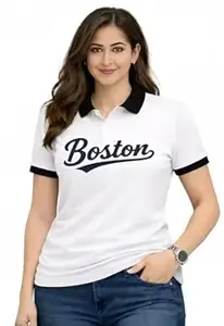 Women's Cotton Blend Polo T-Shirt with Boston Print, White with Black Collar and Sleeves
