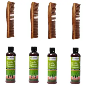 G Krishna Naturals Combo Pack of Hair Brushes Wooden Neem Comb & Detangle Hair Shampoo for Women & Men | Wood Kangi and Hair Shampoo for Natural Hair Growth (Pack of 4 Each)(GKNKPC4-03)