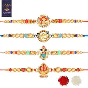 De Marquis 4 Designer Rakhi Sets | RG-04546 Pearl, Kundan, Mauli Thread Rakhee for Brother (Pack of 4 Rakhis)