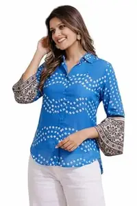 Women's Printed Shirt, Long Sleeve, Embroidered Cuffs, Collared Neck, Casual Ethnic Wear (in, Alpha, M, Regular, Red-Ajrakh)