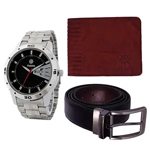Rabela Men's Combo Pack of Analog Black Dial Watch Brown Wallet and Reversible PU Leather Belt RWWB-1101