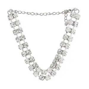 AQUASTREET Two Line Big Rhinestone Choker Necklace Silver Plated Alloy For Women and Girls