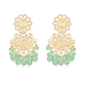 Gehena by Estele Gold Plated Flower Designer kundan studded Drop Earrings with Mint Green Beaded Pearls for Girl's and Women