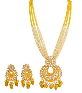 Women's Traditional Long Kundan Meenakari Necklace Set with Artificial Pearls & Matching Earrings (Yellow)
