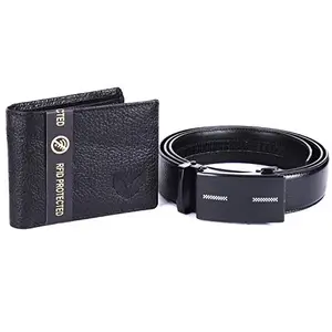 VOGARD Leather Auto Lock Buckle Belt and RFID Protected Genuine Leather Wallet Combo (1528Black)