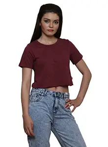 LE BOURGEOIS Women Solid Relaxed Fit Round Neck Short Sleeve Cotton Crop Top (Medium, Maroon)
