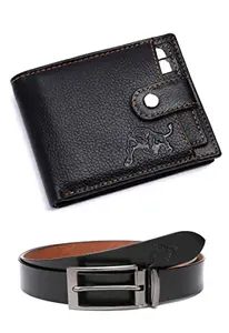 WILDBUFF Men's Leather Wallet and Belt Combo (Black)