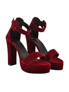 Shoetopia Women’s Cherry Red Velvet Block Heel Sandals – Stylish Comfortable Open Toe Platform with Ankle Strap, Party & Evening EU35