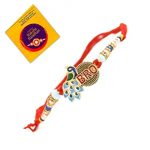 Beautiful Peacock and Peacock`s Feather Rakhi for Brother and Bhabhi, Multicolour Peacock Rakhi for Kids, Designer Gold plated Peacock Rakhi for Brother with Greeting Card and Roli chawal