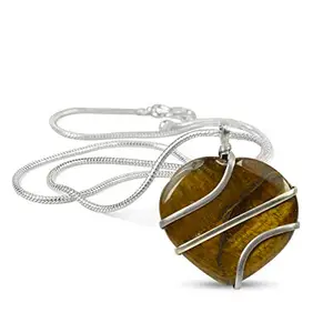 Reiki Crystal Products Tiger Eye Pendant Heart Wire Wrapped Crystal Stone Pendant/Locket with Metal Chain for Reiki Healing & Crystal Healing Gemstone Size 30-35 mm (Color : Golden & Brown)