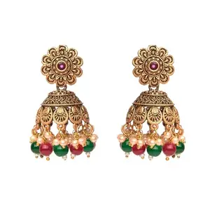 XPNSV Luxury Gold Chakriya Beaded Jhumka Earrings | Anti Tarnish, Light Weight, Handmade | Daily/Party/Office Wear Stylish Trendy Jewellery | Latest Fashion for Women, Girls and Her (Red Green)