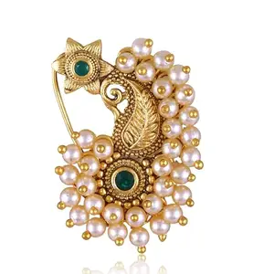 Vivastri s Premium White Moti Beaded Alloy Made Gold Plated Colourfull Contemprary Nath/Nathiya/Nosepin For Women N Girls -VIVA1287NTH-PRESS-GREEN