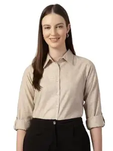 Style Quotient Women Beige Self Design Linen Regular Fit Formal Shirt