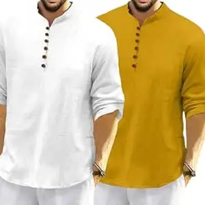 FINIVO FASHION Combo of Men’s Casual Full Sleeve Kurta Style Shirt with Button Placket, Lightweight Breathable Fabric, Regular Fit Ethnic Fusion Wear for Daily & Festive Use Pack of 2