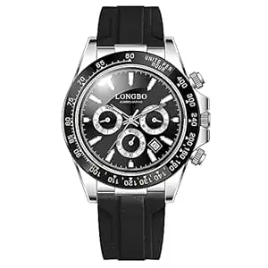 LONGBO Men's Watches Fashion Chronograph Luxury Dress Waterproof Quartz Wristwatches for Resin Band | Birthday Anniversary Gift for Men (Gold Case and Black Band) (Silver)