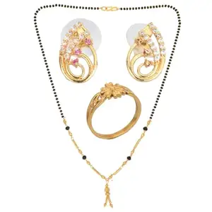 AanyaCentric Gold Plating Jewelry Pack: Elegant Short Mangalsutra, Ring, and American Diamond AD Earrings Pack - Stylish Accessories for Women and Girls