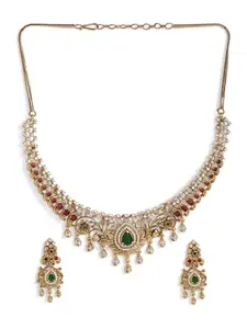 Priyaasi Floral Green Stoned Elegance Gold Plated Floral Pattern Drop Earrings Jewellery Set