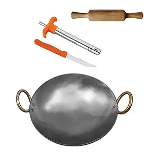 KITCHEN SHOPEE Traditional Iron deep Kadai/Frying Pan Cooking Iron Fry Kadhai Heavy Base Multipurpose Use