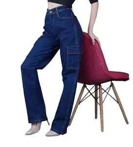 Moda Star Women Baggy Jeans, Dark Blue Denim, Regular Fit with Pockets