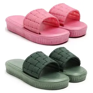 Skytrap Stylish Comroftable Trending Light Weight Extra Soft Pink, Green Rubber Slides Slippers Flipflop for Women & Girls Combo of 2