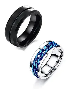 Amaal Rings for Men Combo Boyfriend gents friends girls Blue gold Silver Ring for Boys 2 Stainless Steel finger Rings Stylish Valentine Gifts Thumb band black ring for men mens ring Fashion AM234