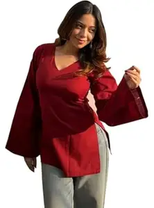 ANNI Designer Short Kurti for Women Latest Solid Design | V Neck Full Sleeve Kurti Tops for Women | Stylish Kurtis & Short Kurtis for Woman | Casual Kurti with Jeans | Kurtas for Woman