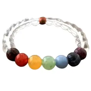 Lady Works Natural 7 Chakra Stone & Crystal Quartz 8mm Round Shape Smooth Cut Beads 8 Inch Stretchable Bracelet For Men & Women. Unisex Bracelet For Healing, Meditation, Prosperity & Luck|LW_BRST_00064_8.0