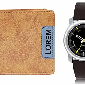 LOREM Orange Color Faux Leather Wallet & Black Analog Watch Combo for Men | WL11-LR44