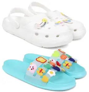 Pampy Angel Combo Pack of 2 Slipper/Flip Flops/Slides/Clogs/Sandals with Adjustable Back Strap for Women,(WCL-Ranbo-White,MixVeg-Blue),39 (Euro)