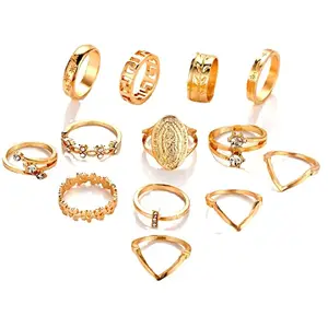 Vembley Gold Plated 13 Piece Cross Border With Dimond Studde Simple Pattern Ring Set For Women and Girls