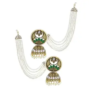 PRIVIU Gold-Plated Faux Pearl & Kundan Studded Jhumka Earrings with Ear Chain Stylish Traditional Green Earring For Women and Girls