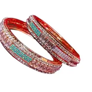 Feminine Fusion Bracelet & Bangles American Diamond Gold Plated Bangles Set, Crystal and Turquoise Stone Design, Non-Adjustable, 2 Pieces (2.8)