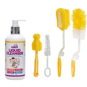 Adore Bottle Nipple and Straw Cleaning Kit Pack of 4,Liquid Cleanser, Feeding Bottle Cleaner Brush, Cleanser for Baby Bottles, Nipples, Accessories and Toys,(Cleaning Brush Kit + Cleanser) (300ml)