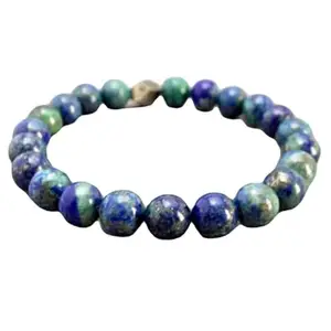 Lady Works Natural Azurite Malachite & Pyrite 8mm Round Shape Smooth Cut Beads 8 Inch Stretchable Bracelet For Men & Women. Unisex Bracelet For Healing, Meditation, Prosperity, Gift & Luck|LW_BRST_01126_8.0