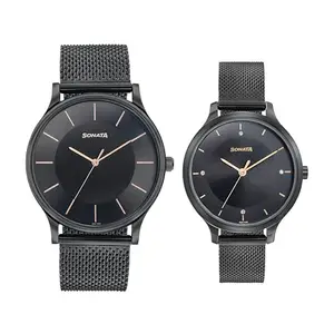 Sonata Modern Bandhan Quartz Analog Black Dial Stainless Steel Strap Watch for Couple
