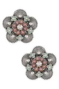 Tribe Amrapali Pink Green Enamel Chandrika Flower Coin Ear Studs for Women