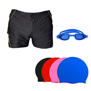 I-SWIM SWIMMING SHORTS V-619 BLACK YELLOW PIPING SIZE 3XL WITH GOGGLES SILICONE IS-PLYR WITH BOX WHITE/PINK AND 100% SILICONE SWIMMING CAP PLAIN SKY